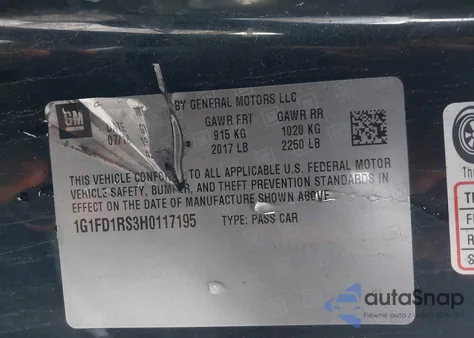 2017 Chevrolet Camaro 2Lt из США, поврежденный, VIN 1G1FD1RS3H0117195